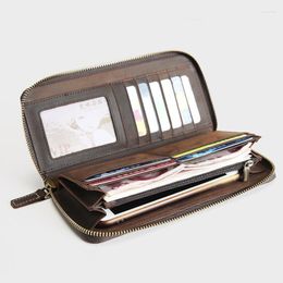 Wallets Genuine Leather Wallet For Men Male Men's Vintage Crazy Horse Long Zipper Clutch Bag Phone Purse With Card Holder Coin Pocket