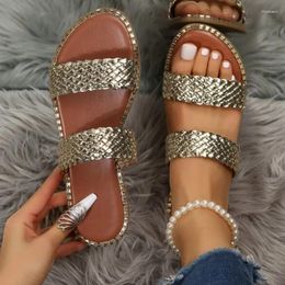 Slippers Women Metallic Weave Detail Design Slides Flat Sandals Personality 2023 Outdoor Summer Sexy Ladies Shoes