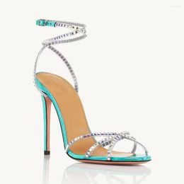 Dress Shoes Pointy Slotted Rhinestone Cross Buckle Strap Sandals Sexy Thin High Heels Large Size Blue Silver Colours Stiletto Women