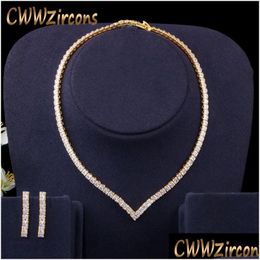 Jewellery Settings Cwwzircons Very Shiny Cubic Zirconia Pave Yellow Gold Colour Women Party Choker Necklace And Earring Brides Set T421 2 Dhxta