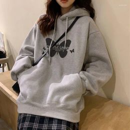 Women's Hoodies Butterfly Print Long-sleeved Sweater Retro Harajuku Fleece Hoodie Solid Color Pocket Oversized Winter Clothes Women