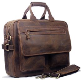 Briefcases Vintage Men Leather Briefcase Tote Business bag Crazy Horse Genuine portfolio men briefcase male 15" laptop office 230830