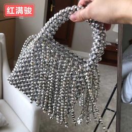 New Acrylic Tassel Handbag for Women DIY Handmade Beaded Woven Bag Bling Silver Beaded Dinner Bag 230831