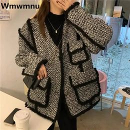 Women's Wool Blends Autumn Winter Coat Korean Fashion Retro Short Jackets V-neck Tweed Fringe Jaquetas Street Style Top Splicing Loose Outerwear 230830