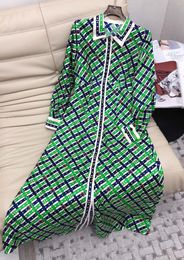 Casual Dresses 2023 Spring/Summer Green Print Lapel Chain Waist Wrapped Long Sleeve Silk Dress Maxi Woman Skirt