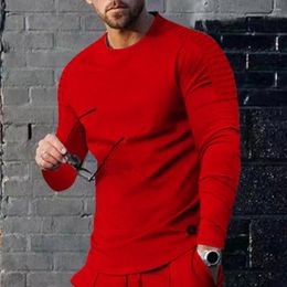 Men's Hoodies Men Autumn Tops Pleated Round Neck Long Sleeves Solid Colour Pullover Keep Warm Simple Casual Spring Fall T-shirt For Daily