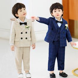 Suits Autumn Spring Children Wedding Pography Party Suit Set Baby Boys Blazer Jacket Pants Bowtie Clothes Kids Formal Plaid Costume 230830