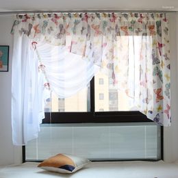 Curtain Butterfly Print And Ribbon Bow Decorate Voile Kitchen Balcony Bedroom Window