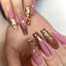 False Nails Gold Foil Pink Fake Full Cover Natural Long Delicate For Fingernail DIY At Home STTX889