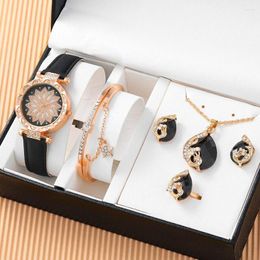 Wristwatches 6pc Women Quartz Watch Jewelry Set Business Fashion Casual Round Pointer Flower Necklace Bracelet Earrings Ring Gift