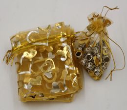 Hot Jewelry Packing 100Pcs Gold Heart Organza Pouch Wedding Favor Gift Bags ZZ