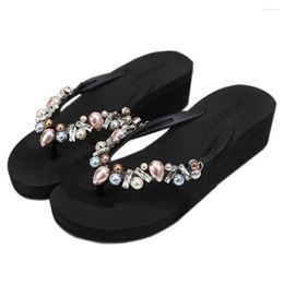 Slippers Women Bohemian Pearl Flat Bottom Wedges Sandals Summer Open Toe Ladies Shoes Crystal Flip Flops Chaussure Femme Cc45