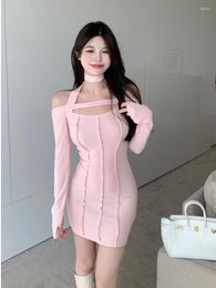 Casual Dresses Sexy Autumn 2023 Hollowed Out U Neck Chest Hanging Short Slim Fitting Suspender Solid Thread Knit Sweet Off Shoulder SKDE