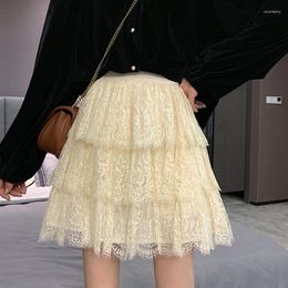 Skirts Spring Women Lace Puffy A-line Layered Cake Skirt Korean Womens High Waist Slim Mini Short