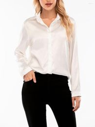 Women's Blouses Women Button Down Satin Shirts Long Sleeve V Neck Solid Colour Classic Fit Work Office