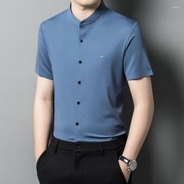 Men's T Shirts 2023 Elegant Mandarin Collar Gents Casual Blue Green Office Wear Large Size Blouse Husband Clothes For Men Fashion Grey