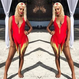 Women's Jumpsuits Rompers BKLD Sleeveless Tank Top Bodysuit Summer Romper Sexy Party Clubwear Zipper Deep V Neck Women Tassel Red 230830