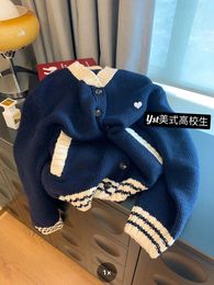 Womens Sweaters Preppy Style Harajuku Korean Autumn Women Cardigans Single Breasted VNeck Cozy Blue Sweater Knitted Jumper Full Sleeve HipHop 230831