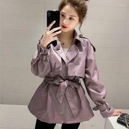 Women's Leather Autumn Women PU Jacket Motorcycle Clothing Korean Style Tight Waist Mid-Length Lace-up Trench Coat Casual Outwear