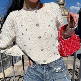 Women's Sweater Cardigan Diamonds Single Breasted Long Sleeve Round Collar Elegant 230831