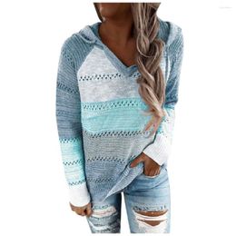 Women's Sweaters Women Winter Clothes Patchwork V-Neck Long Sleeves Hooded Sweater Tops Female Fashion Knitted Pullovers Jumpers