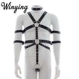 Sexy Men's PU Leather Full Body Adjustable Harness Belts Restraints Set Male Erotic Straps Gay Costume BDSM Bondage Bras Sets247m