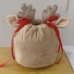 Wholesale Custom Cute Reindeer Velvet Drawstring Santa Sack Antler Christmas Gift Bag FY5807 AU31