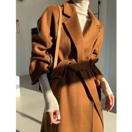 Womens Wool Blends Women Cashmere Long Overcoat High Grade Luxury Water Ripple Loose Doublesided Laceup Fashion Woolen Coat For Autumn Winter 230831
