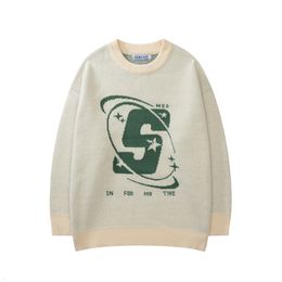 Men s Sweaters Capital Letter Print Solid Color Retro and Women s Autumn Winter Harajuku Crew Neck Oversized Baggy Knitted Top 230830