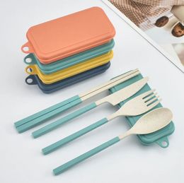 Wheat Straw Folding Cutlery Set Kids Knife Fork Spoon Chopsticks Portable Dinnerware Kits Flatware Set for Travelling Camping 258Q