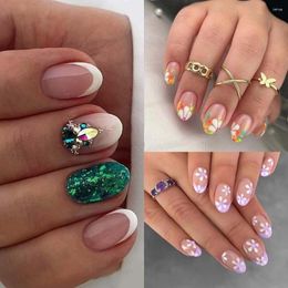 False Nails Sparkling Green Manicure Colorful Flower Long Oval Press On Detachable Taro French Nail Tips DIY