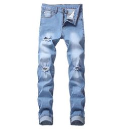 Fashion Men Distressed Ripped Light Blue Jeans Brand Designer Washed Slim Fit Straight leg Streetwear Denim Pants TX260g