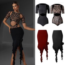 Stage Wear Summer Black Leopard Cutout Top Split Fringes Skirt Women Latin Dance Costume Adults Chacha Practise Clothes SL8346
