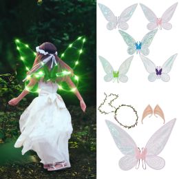 Halloween Fairy Girls Costume Dress Up Sparkling Sheer Wings with Flower Crown Headband and Elf Ears Set for Kids Adult 831s 0817
