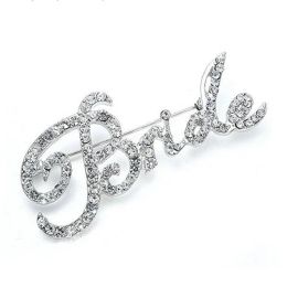 Rhodium Silver Plated Clear Rhinestone Crystal Diamante Cursive Bride Bridal Brooch