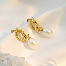 Jewelry ins French knotted pearl earrings women's design sense 18k titanium steel small fragrance earrings