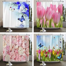 Shower Curtains Floral Tulip Printing Flower Shower Curtain Waterproof Polyester Fabric Bathroom Curtain With Hooks 180x180cm Decorative Curtain 230831