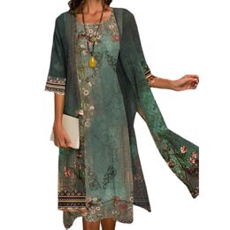Two Piece Dress 2PcsSet dress sets Vintage Flower Ink Painting Women Kaftan with Cardigan Casual Long Female Tunic 230830