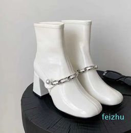 high-grade elastic boots for women in autumn and winter new sweet round head thick heel chain pearl