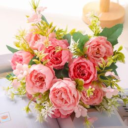 Decorative Flowers Artificial Bouquet Silk Peony 5 Heads Bridal Wedding Fake Flower For Home Christmas Decoration Pink