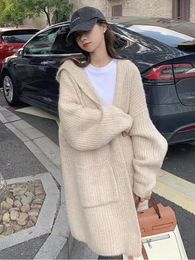 Women's Sweaters Korean Fashion Women 2023 Autumn Winter Solid Hooded Long Knitted Cardigan Casual Coat for Clothing Knitwears Top 230831