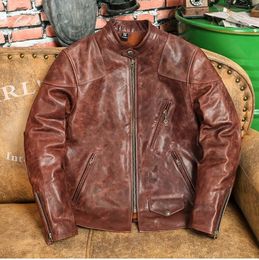Men's Leather Faux YRCool motor biker style oil wax Horsehide jacket Vintage slim genuine leather coat Brown Rider 230831