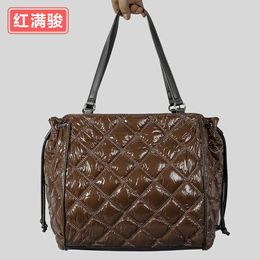 Large capacity down cotton diamond checked handbag for women's minimalist car stitching drawstring single shoulder bag, cotton jacket bag 230831