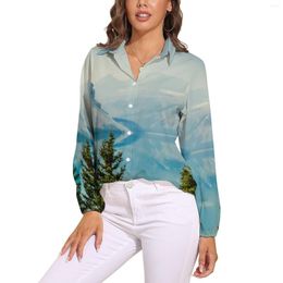 Women's Blouses Mountains Loose Blouse Tree And Lake Print Streetwear Oversize Womens Long Sleeve Retro Shirts Autumn Graphic Clothing