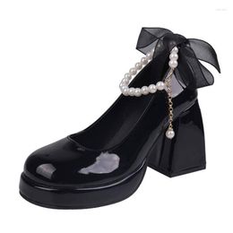 Dress Shoes 2023Women's High Heels Elegant Bow Tie Square Toe Black Fashion Thick Wedding Party Pearl Lace