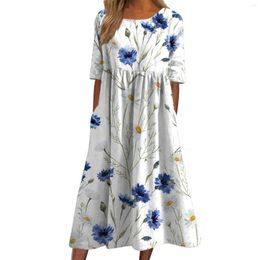 Casual Dresses Boho For Women Summer Short Sleeve Lace Hollow Out Crew Neck Long Loose Plain Maxi Dress