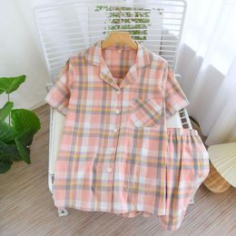 Women's Sleepwear Short Sleeved Top Shorts Pajamas Cotton Pink Plaid Home Suit Casual Thin Clothing Lapel Nightwear Woman 2 Pieces