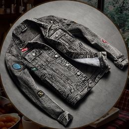 Mens Jackets European and American punk jean jacket mens trend label ripped slim Grey riding casual clothes men 230831