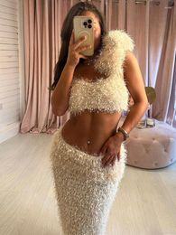 Work Dresses Side Slit Sexy Dress Sets Women 2 Piece Outfits Feather Tassels Cute Backless Tops Elegant High Waist Skirt Women's