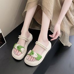 Slippers Women Summer Beach Sandals Wedge Casual Comfort Flat Sole Outdoor Shoes Pearl Platform Open-toe Flip Flops